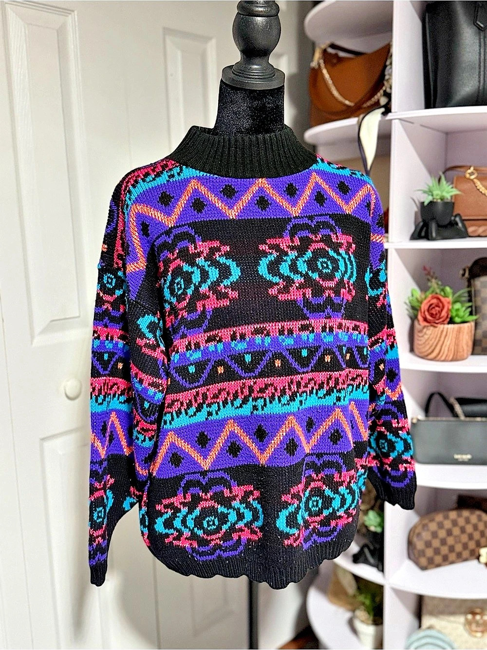 Authentic Vintage Croquet Club Geometric Crewneck Sweater in Black & Purple Like - Picture 2 of 9